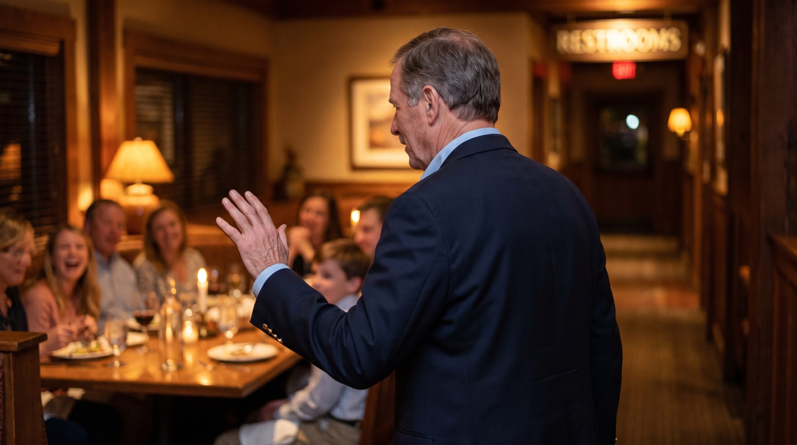 Man leaving dinner table walking toward bathroom